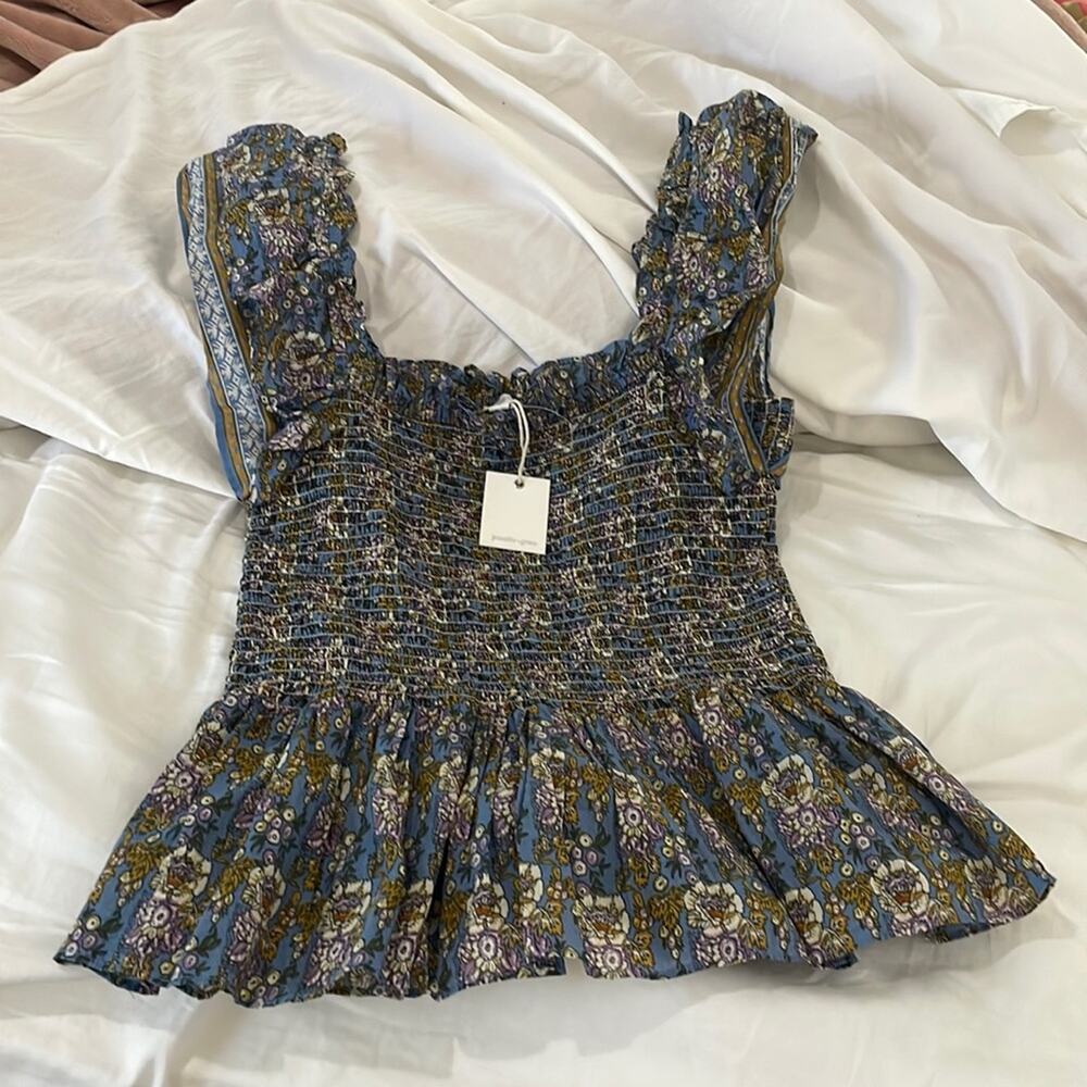 Jennifer & Grace S CT3090M blue pink floral stretch peplum cotton top nwt